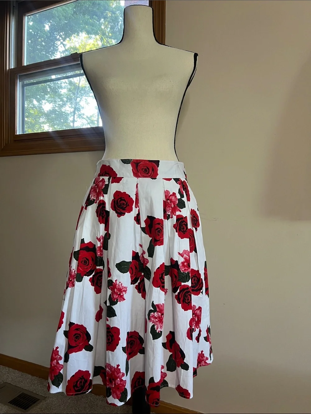 White Midi Skirt with Red Rose Print